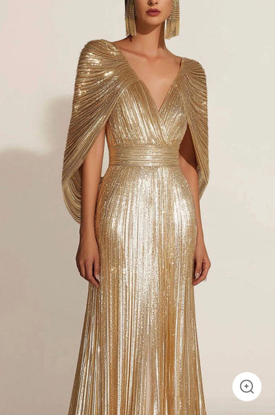Aurélie | Golden Pleated Evening Gown with Cape
