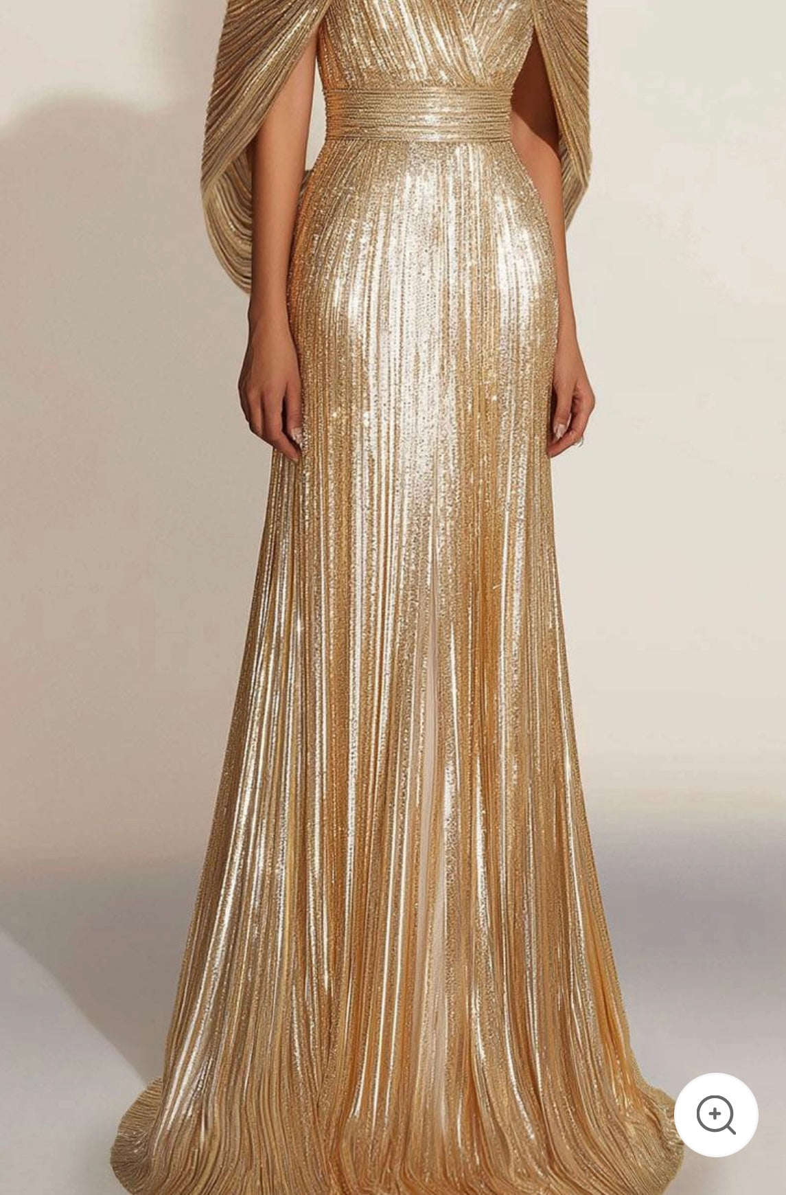 Aurélie | Golden Pleated Evening Gown with Cape