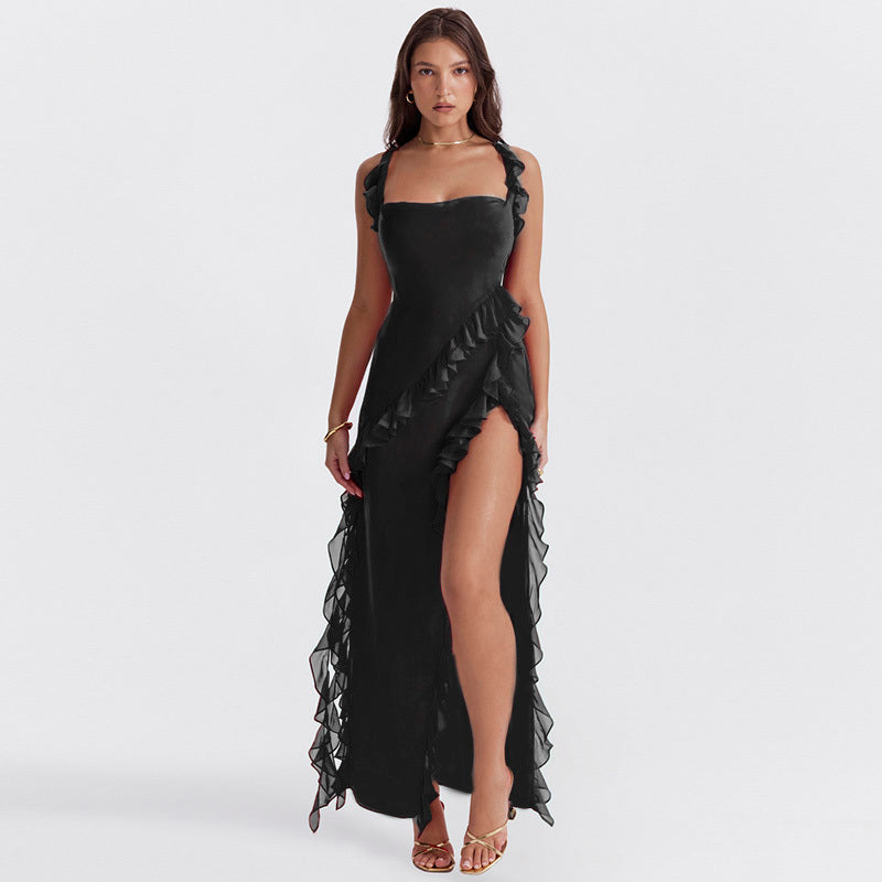 Riana Flowing Dress with Ruffles and Water Neckline
