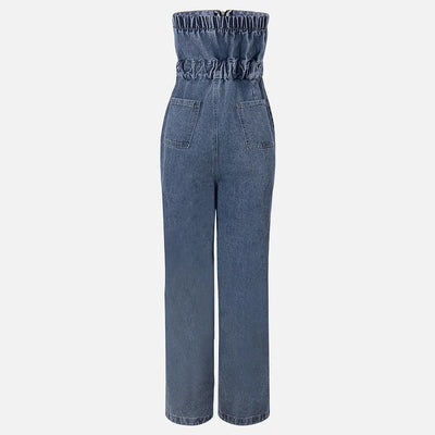 Denim Bandeau Zipper Jumpsuit & Jacket Set