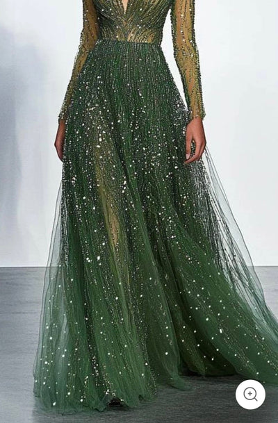 Elaris | Deep Green Evening Dress with Sequins and Long Sleeves