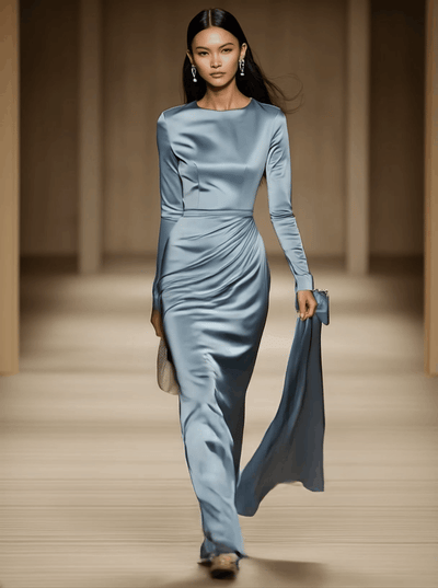 Selene – Blue Satin Maxi Dress with Round Neck and Long Sleeves