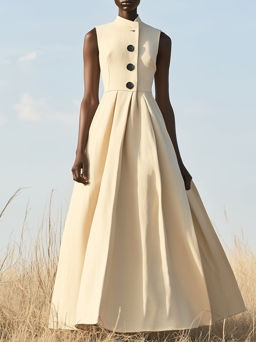Vera – Black Sleeveless Maxi Dress with Buttons and Stand Collar