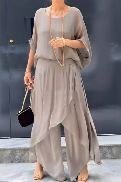 Carlotte | Wide Top and Loose Pants with Split – Two-Piece Chiffon Set