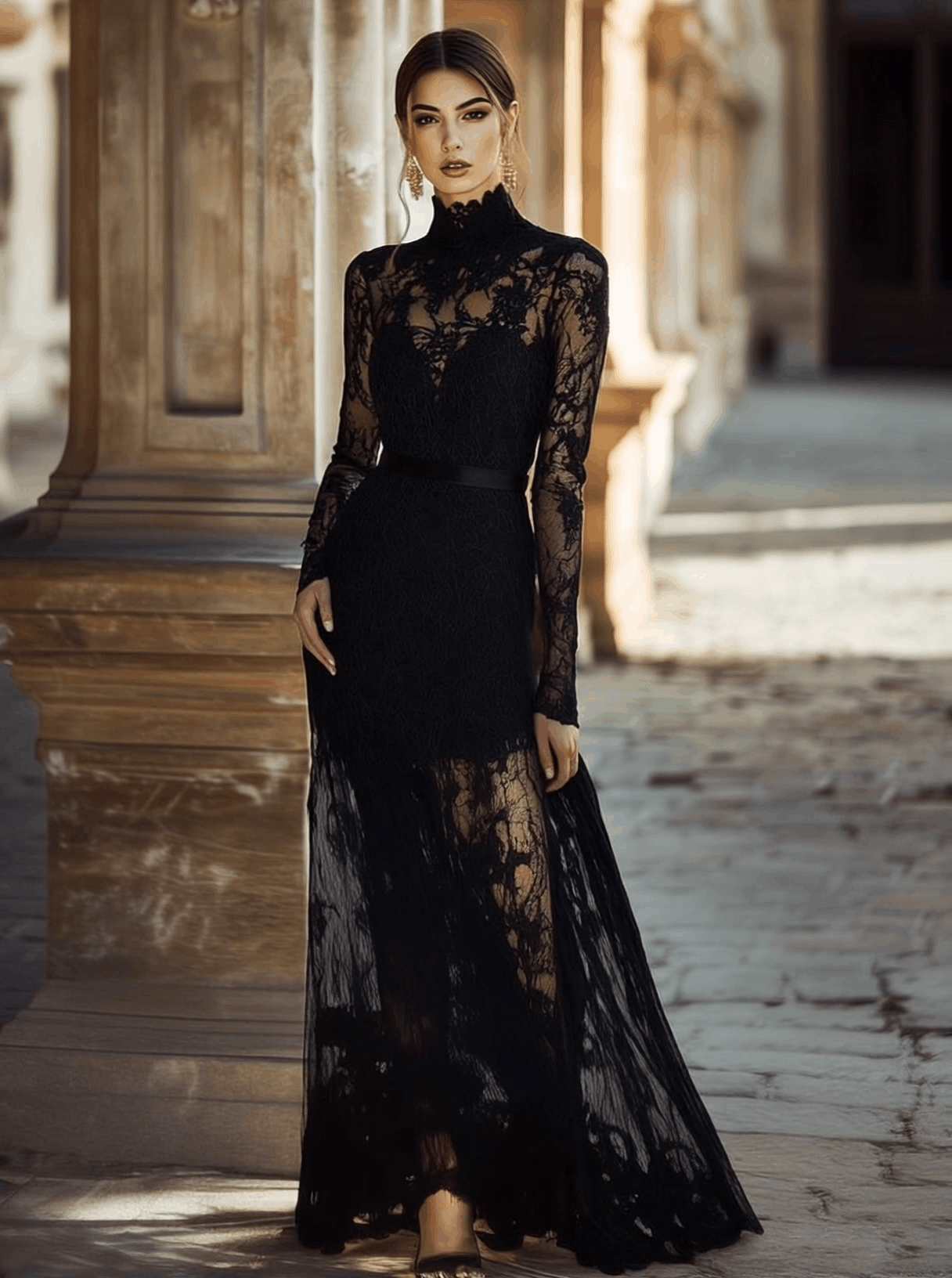Seraphina – Elegant Black Lace Maxi Dress with High Collar