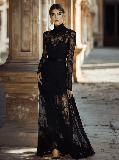Seraphina – Elegant Black Lace Maxi Dress with High Collar