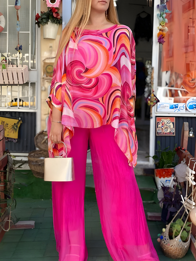 Nicole | Two-Piece Chiffon Set with Round Neckline and Print, Casual Style