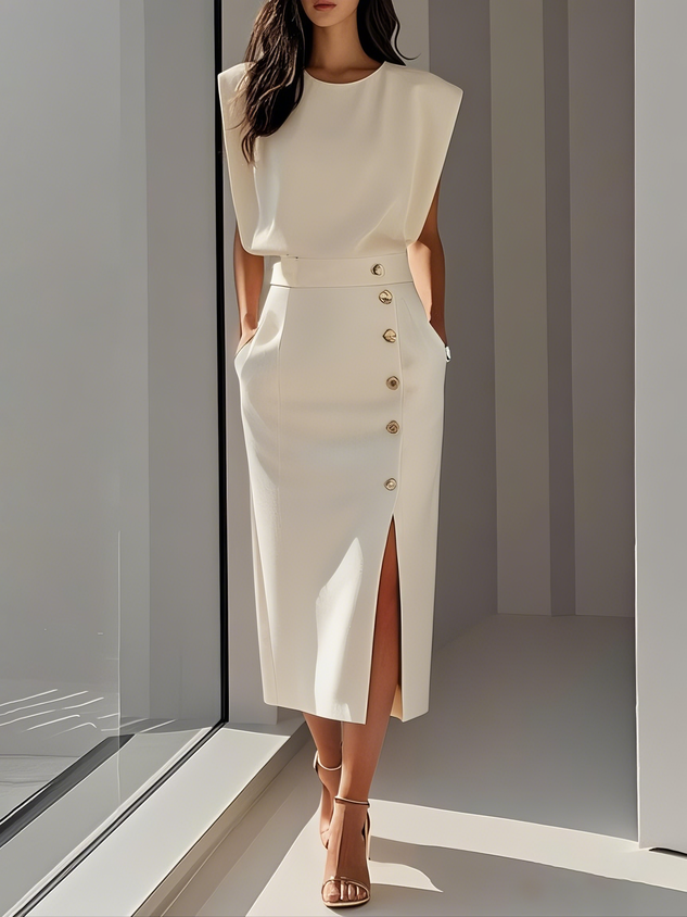 Solid color midi dress with button slit and round neckline