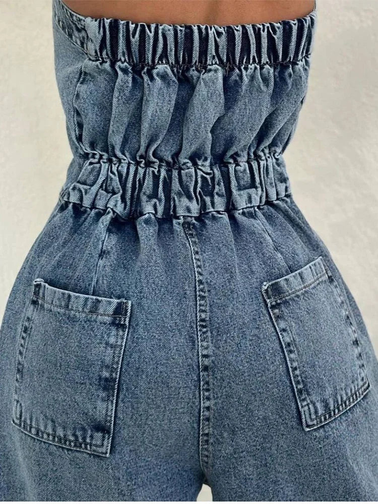 Denim Bandeau Zipper Jumpsuit & Jacket Set