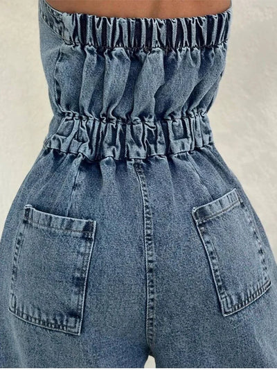 Denim Bandeau Zipper Jumpsuit & Jacket Set