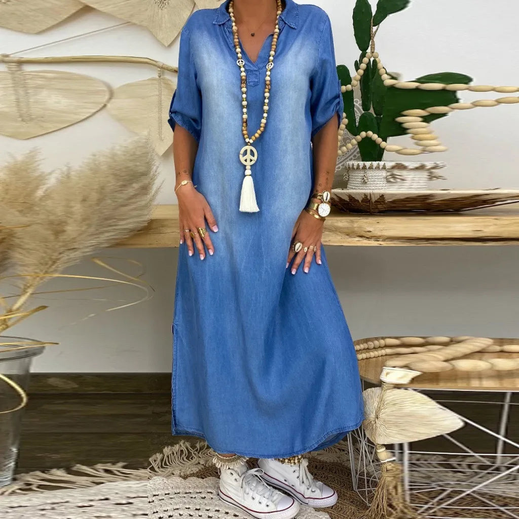 Lea™ | Long Denim Look Dress with Side Slit
