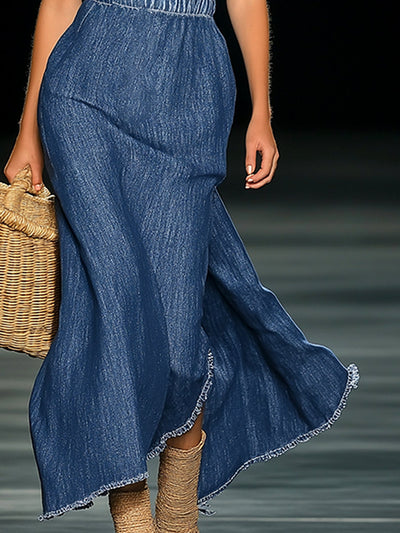 Fleur – Strapless Denim Maxi Dress with 3D Flowers