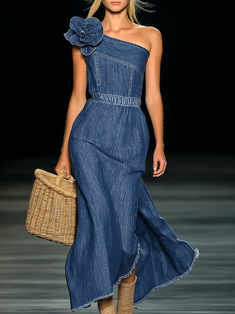 Fleur – Strapless Denim Maxi Dress with 3D Flowers