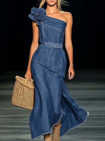 Fleur – Strapless Denim Maxi Dress with 3D Flowers