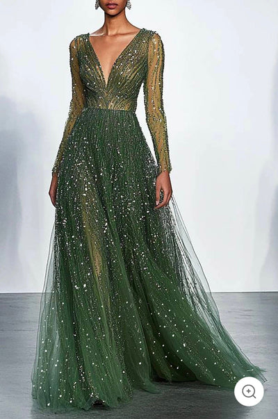 Elaris | Deep Green Evening Dress with Sequins and Long Sleeves