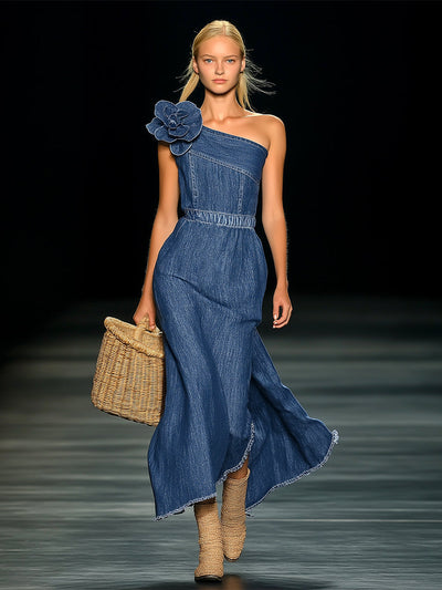 Fleur – Strapless Denim Maxi Dress with 3D Flowers