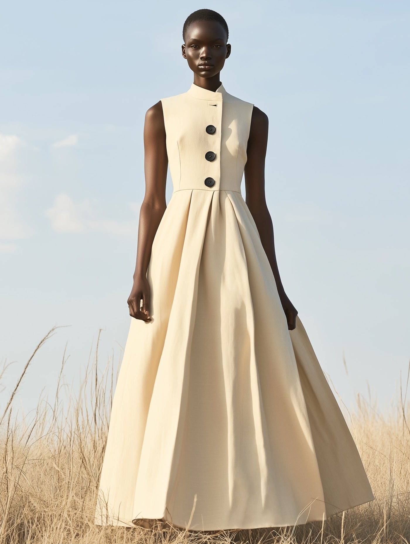 Vera – Black Sleeveless Maxi Dress with Buttons and Stand Collar