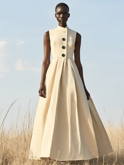 Vera – Black Sleeveless Maxi Dress with Buttons and Stand Collar