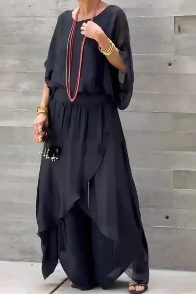 Carlotte | Wide Top and Loose Pants with Split – Two-Piece Chiffon Set