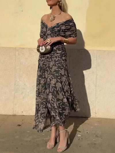 Off-Shoulder V-Neck Printed Dress for Women
