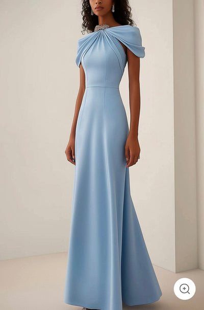 Cléa | Light Blue Dress with Chic Neckline and Bow Detail