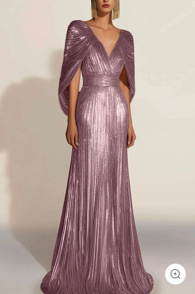 Aurélie | Golden Pleated Evening Gown with Cape