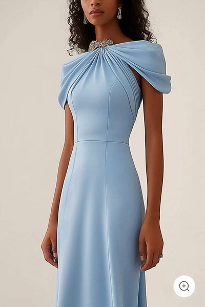 Cléa | Light Blue Dress with Chic Neckline and Bow Detail