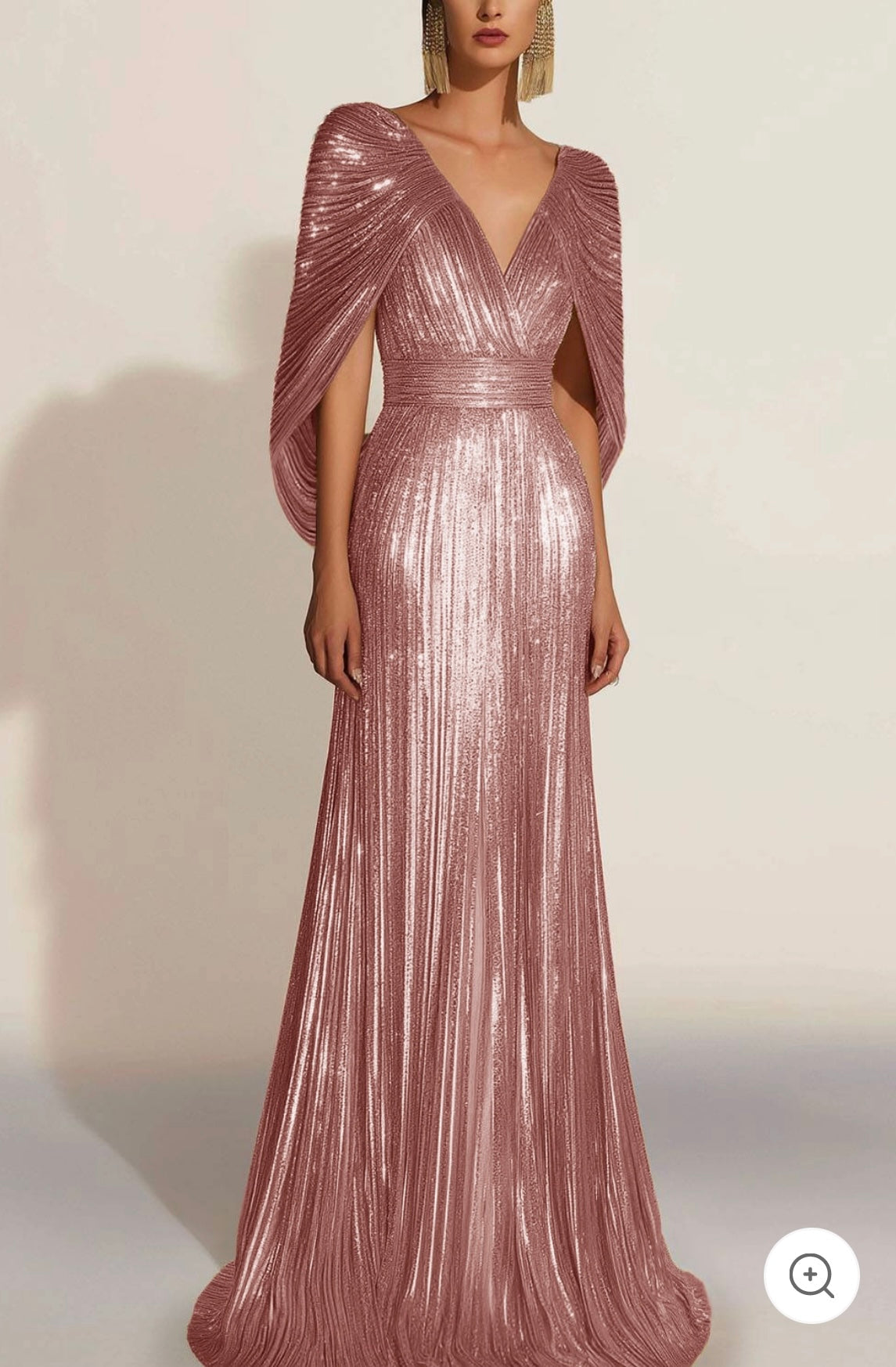 Aurélie | Golden Pleated Evening Gown with Cape