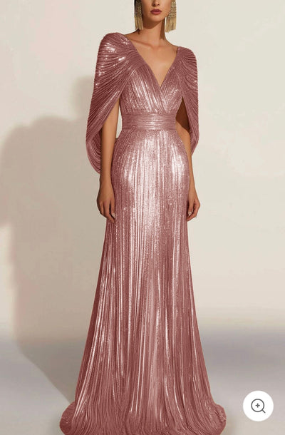 Aurélie | Golden Pleated Evening Gown with Cape