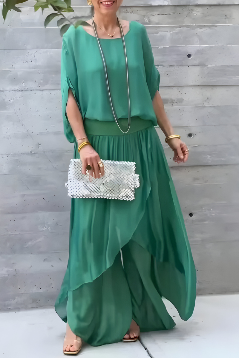 Carlotte | Wide Top and Loose Pants with Split – Two-Piece Chiffon Set