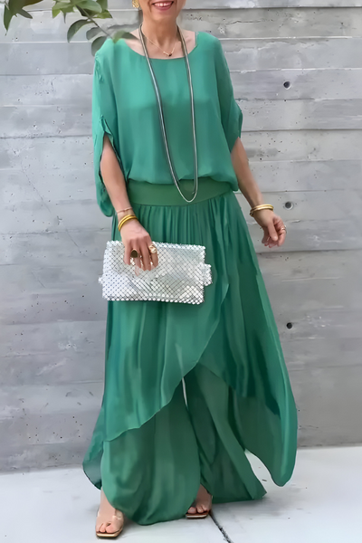 Carlotte | Wide Top and Loose Pants with Split – Two-Piece Chiffon Set