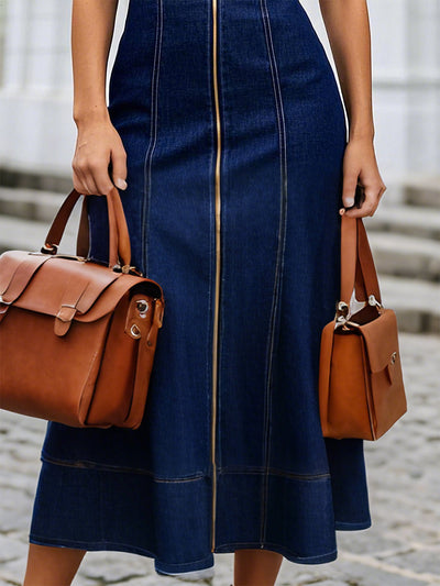 Romy – Dark Blue Denim Maxi Dress with Front Zip and Crew Neck