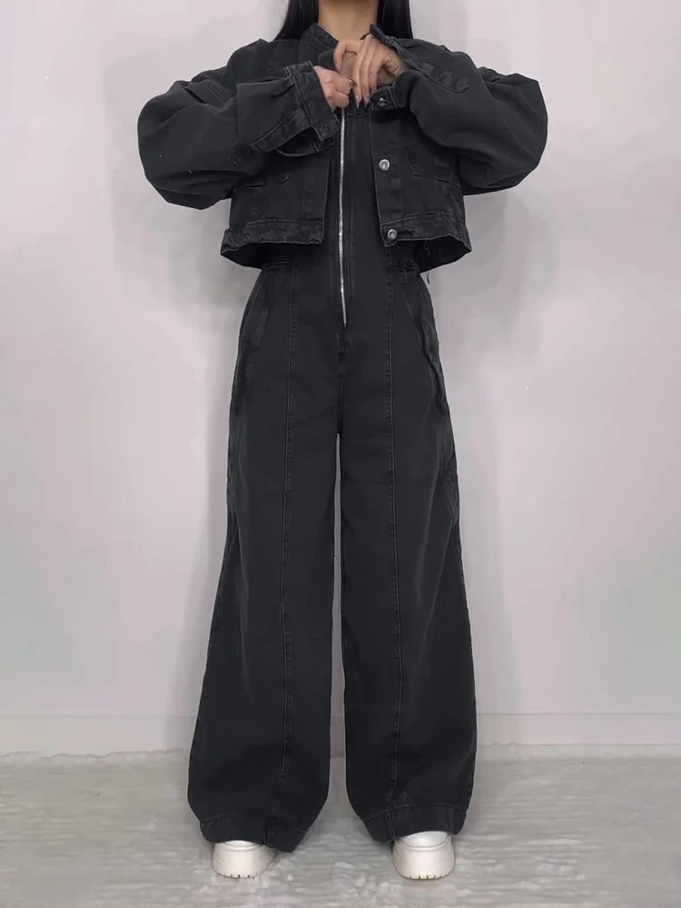 Denim Bandeau Zipper Jumpsuit & Jacket Set