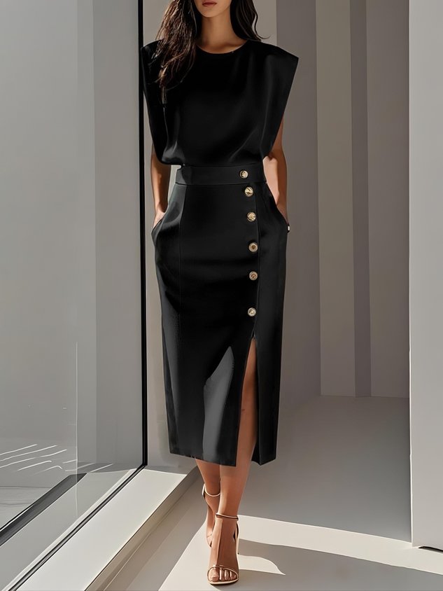 Solid color midi dress with button slit and round neckline