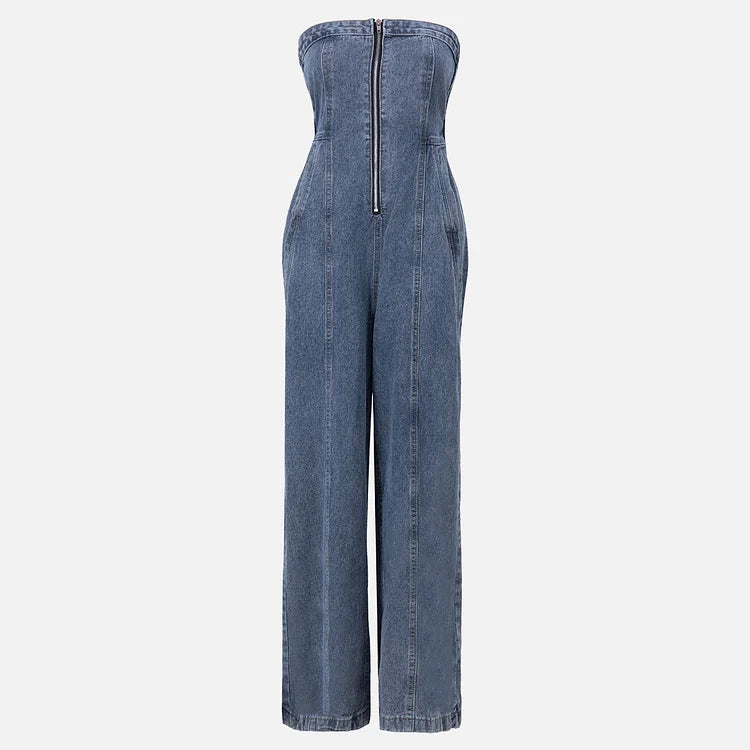 Denim Bandeau Zipper Jumpsuit & Jacket Set
