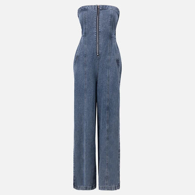 Denim Bandeau Zipper Jumpsuit & Jacket Set