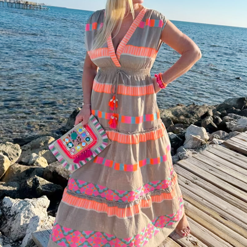 Women’s Loose Sleeveless Dress with V-Neck and Striped Pattern