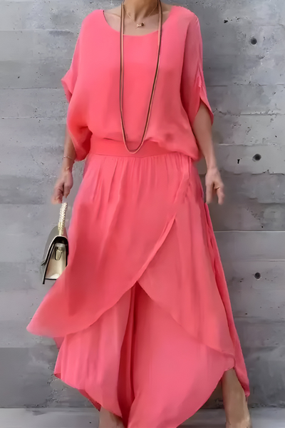 Carlotte | Wide Top and Loose Pants with Split – Two-Piece Chiffon Set