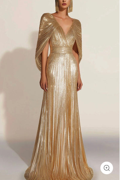Aurélie | Golden Pleated Evening Gown with Cape