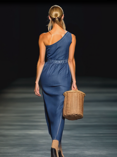 Fleur – Strapless Denim Maxi Dress with 3D Flowers