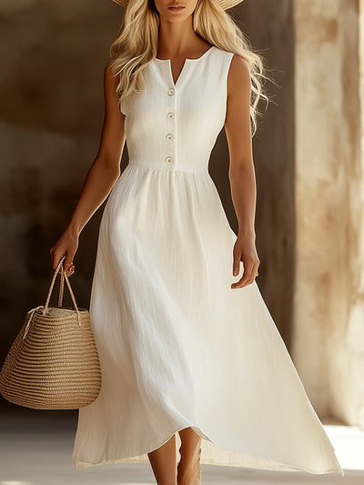 Classic and Comfortable White Cotton and Linen Sleeveless Maxi Dress