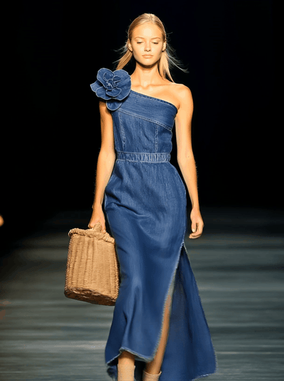 Fleur – Strapless Denim Maxi Dress with 3D Flowers