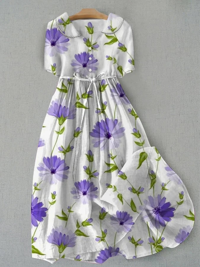 Sage - Retro Floral Dress with Waist Tie and 3/4 Sleeves