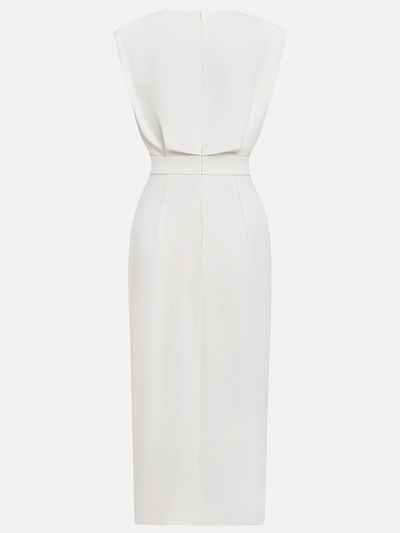 Solid color midi dress with button slit and round neckline