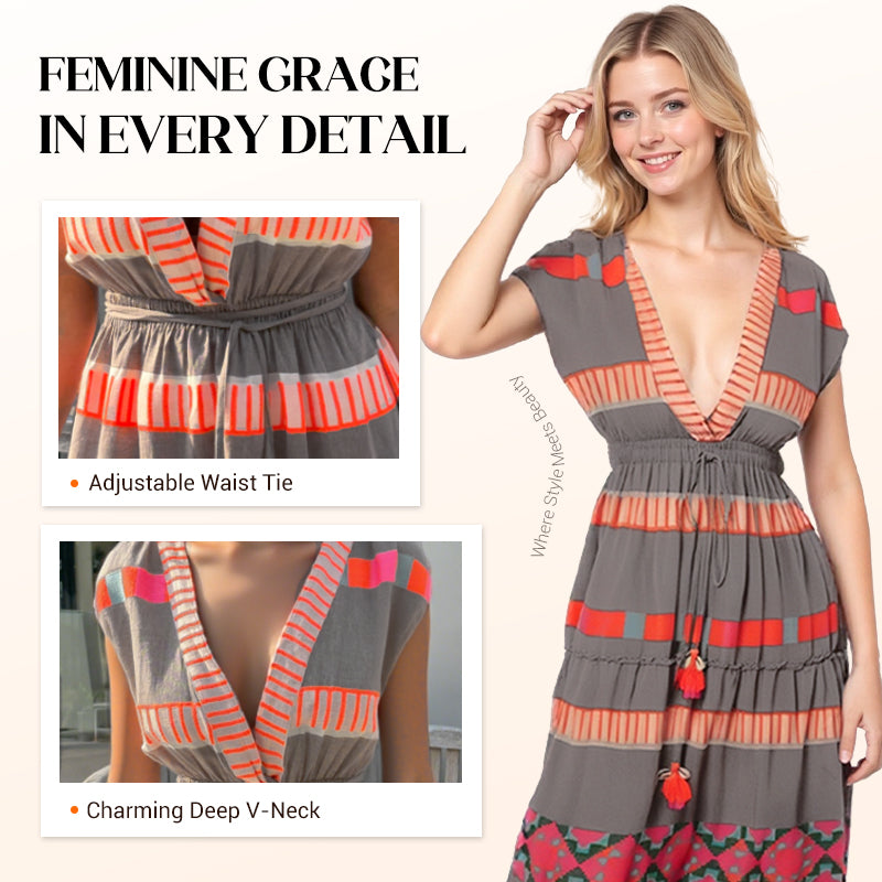 Women’s Loose Sleeveless Dress with V-Neck and Striped Pattern