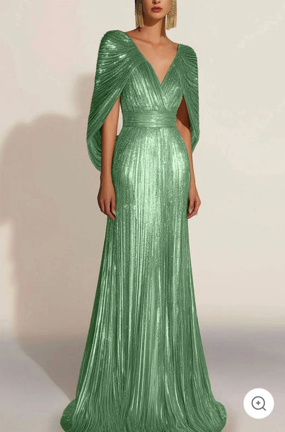 Aurélie | Golden Pleated Evening Gown with Cape
