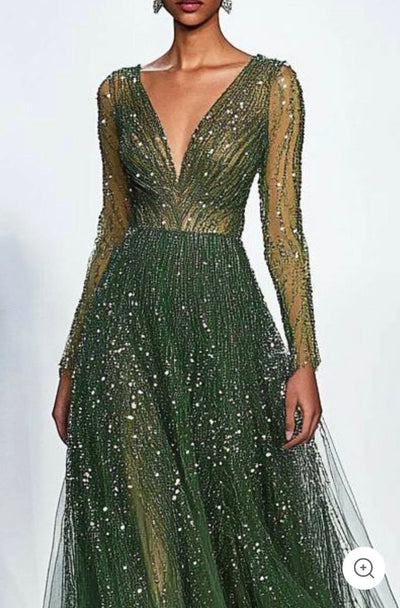Elaris | Deep Green Evening Dress with Sequins and Long Sleeves