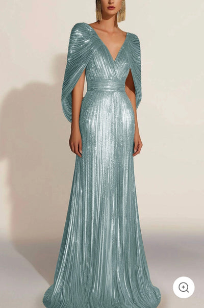 Aurélie | Golden Pleated Evening Gown with Cape