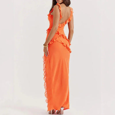 Riana Flowing Dress with Ruffles and Water Neckline