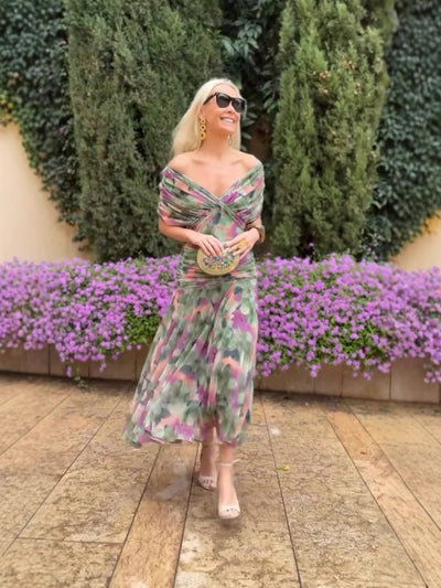 Off-Shoulder V-Neck Printed Dress for Women